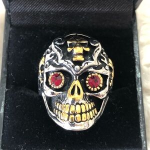 Men’s Stainless Steel Skull Biker Ring Ruby Red Eyes Size 9